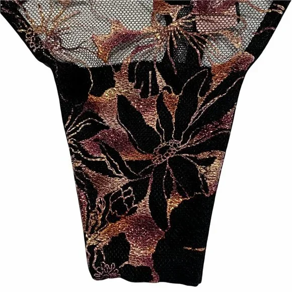 NWT VICTORIA'S SECRET Very Sexy Thong Sz LARGE Black Mesh Lace Metallic Floral - Picture 3 of 7